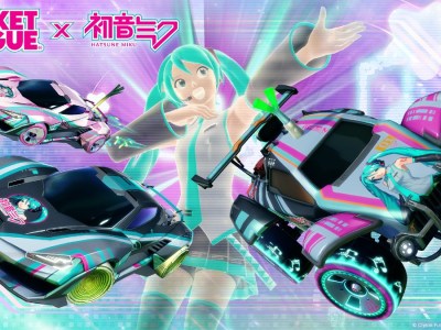 Hatsune Miku surrounded by matching vehicles useable in Rocket League and Fortnite