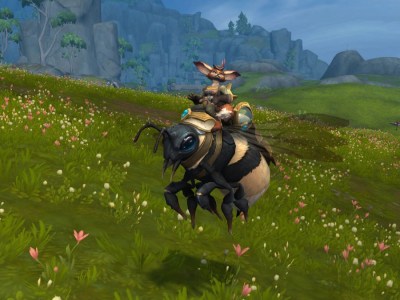 A Vulpera riding the Timely Buzzbee mount - a giant bee - in World of Warcraft
