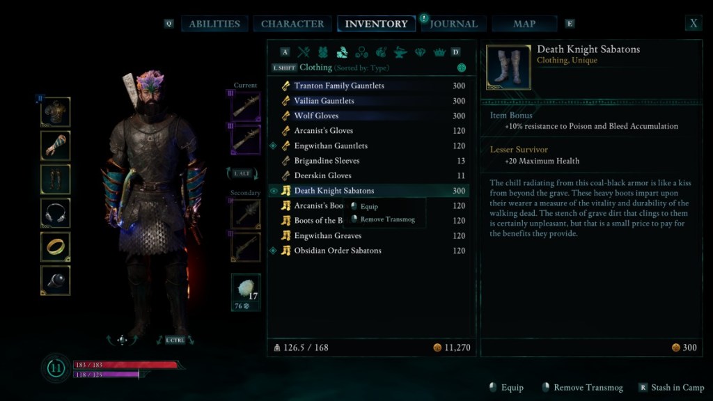 A screenshot of Death Knight Sabatons in a player's inventory in Avowed