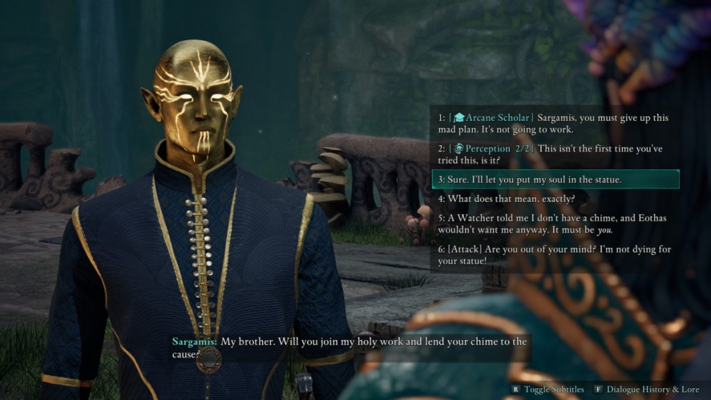 Choosing the option "Sure, I'll let you put my soul in the statue" in Avowed to earn "Get in the Statue, Envoy"