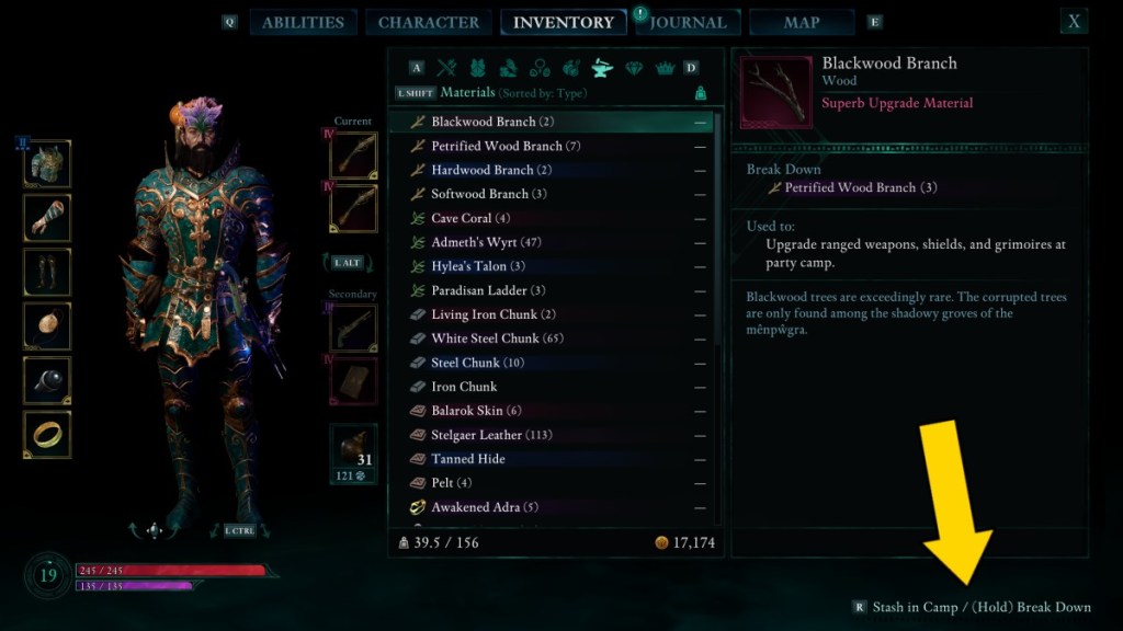 An arrow pointing to the button that breaks down materials in Avowed