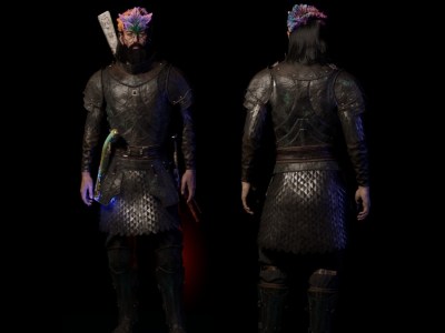 The Envoy wearing Death Knight Armor and Sabatons in Avowed on a black background. Both the front and back views are displayed side by side