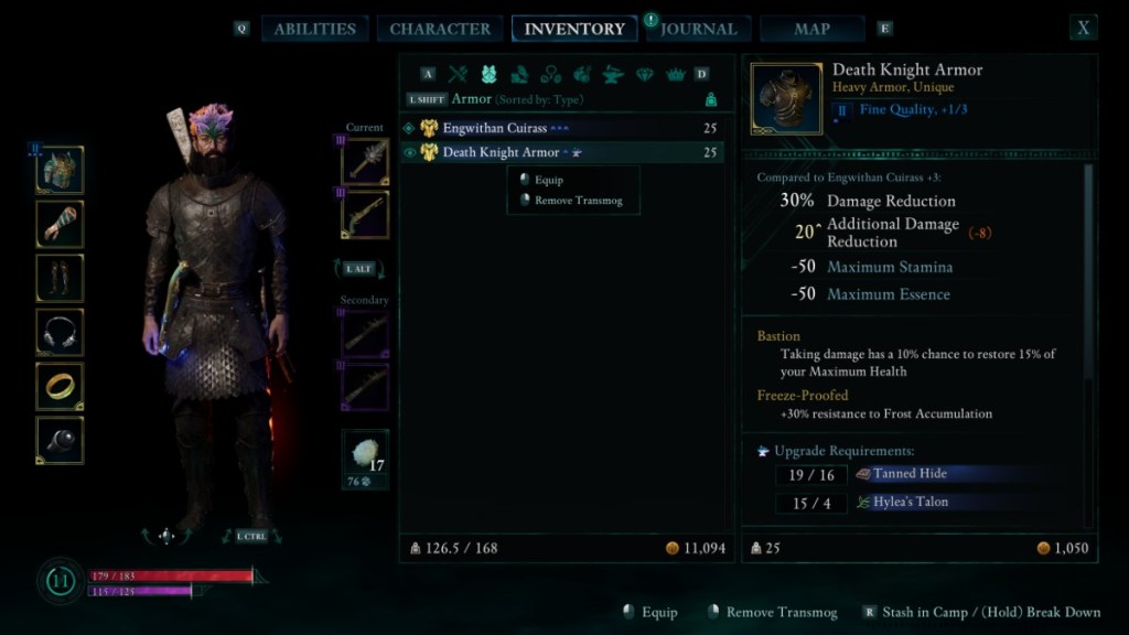 A screenshot of Death Knight Armor in a players inventory in Avowed