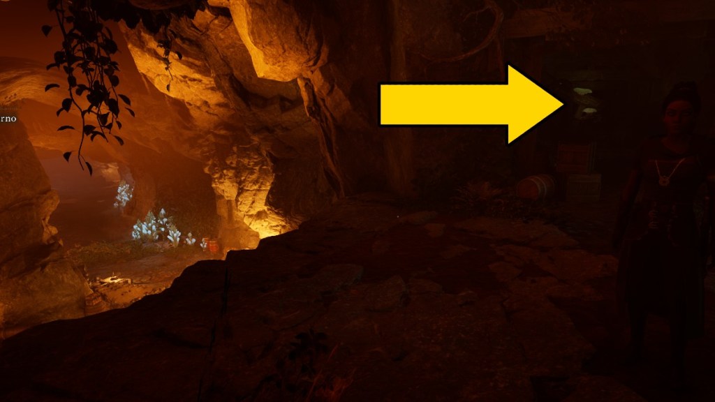 An arrow showing the way to the Death Knight Sabatons in Waterfall Cave in Avowed