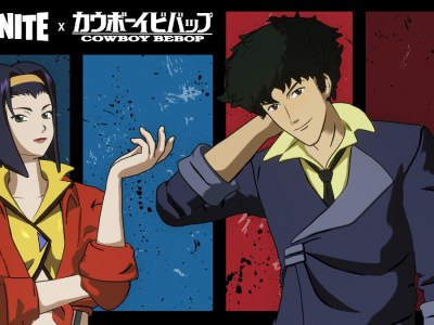 Cel-shaded Fortnite skins of Spike Spiegel and Faye Valentine from Cowboy Bebop on a stylized background with red and white rectangles. "Fortnite x Cowboy Bebop" is int he top left corner.