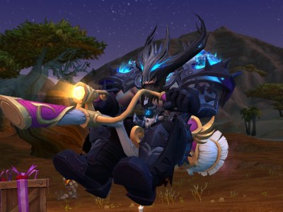 An orc Death Knight riding the Love Witch's Sweeper in World of Warcraft - a floating broom with pink heart accents and headlight