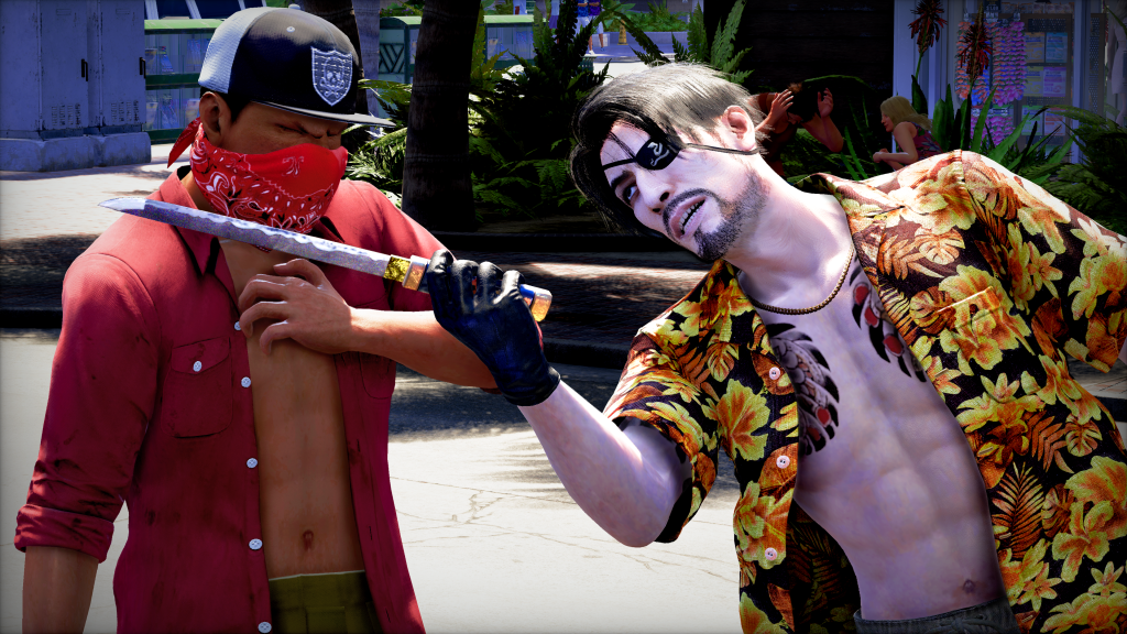 Majima holding up a dagger in Like A Dragon: Pirate Yakuza in Hawaii
