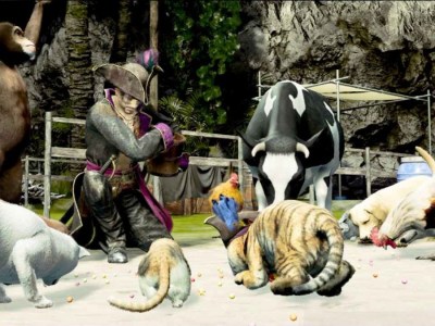 Goro Majima dressed like a pirate feeding the pets of the Goro Kingdom in Like A Dragon: Pirate Yakuza in Hawaii