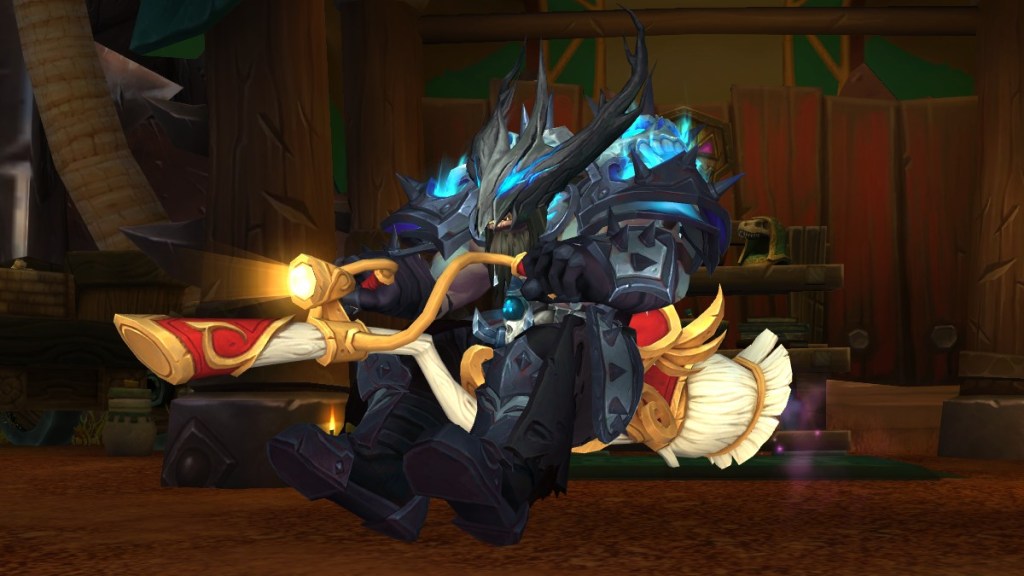 An orc Death Knight riding the Silvermoon Sweeper in World of Warcraft