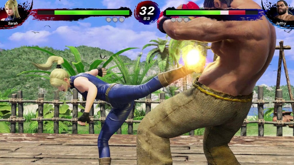 Virtua Fighter 5 R.E.V.O. - Sarah kicks Jeffry in the chest in a jungle.