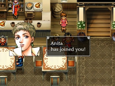 Suikoden 2: The player inside an inn with the text "Anita has joined you!"