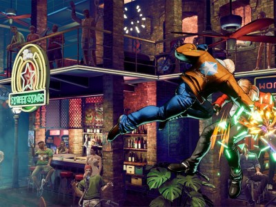 Terry lands a leaping punch against another fighter in a bar.