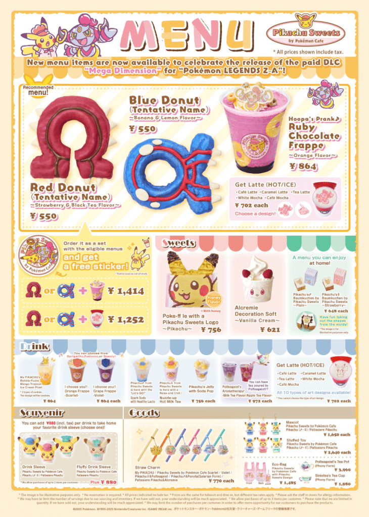 Pikachu Sweets by Pokemon Cafe English menu for Winter 2025-2026 includes Groudon and Kyogre Donuts