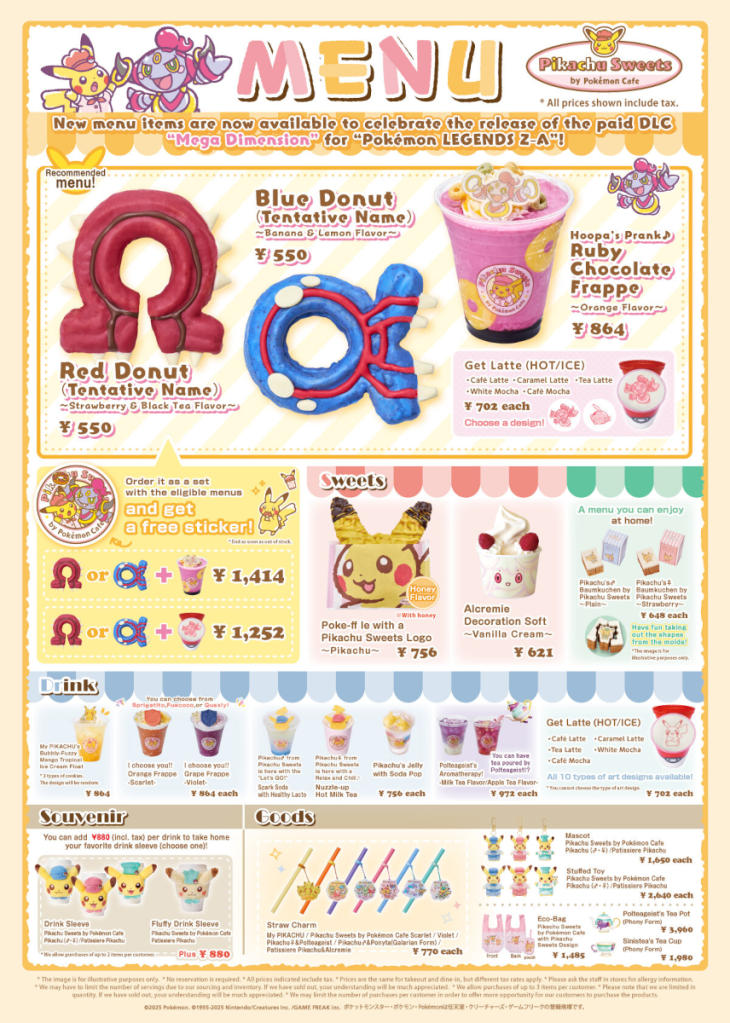 Pikachu Sweets by Pokemon Cafe English menu for Winter 2025-2026 includes Groudon and Kyogre Donuts