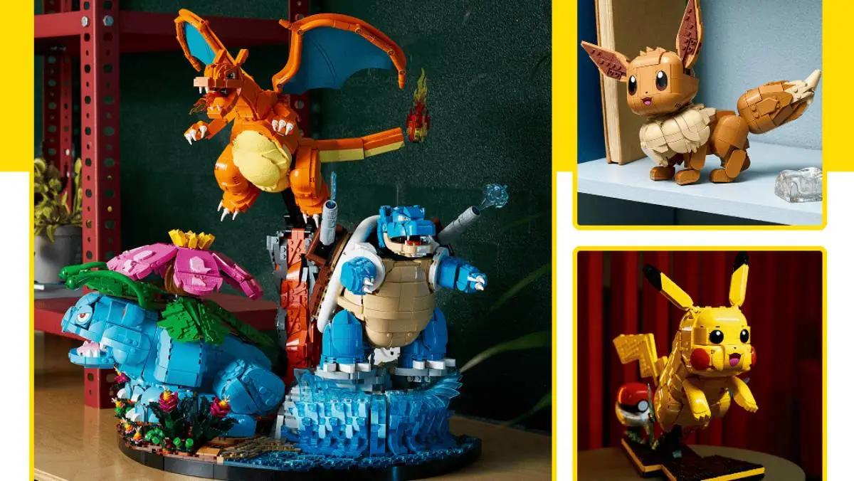 The Lego Pokemon sets of Pikachu, Eevee, and a diorama with Venusaur, Charizard and Blastoise