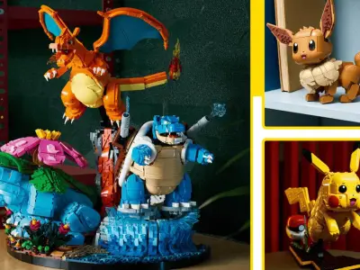 The Lego Pokemon sets of Pikachu, Eevee, and a diorama with Venusaur, Charizard and Blastoise