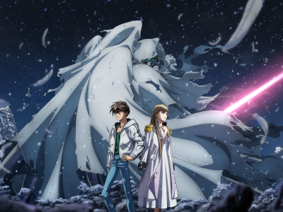 Gundam Wing 30th anniversary key visual featuring Heero, Relena, and the Wing Zero Cloaked Custom