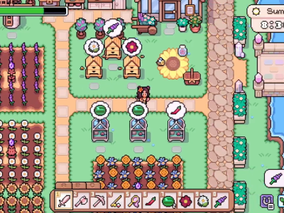 Fields of Mistria Bee Apiaries, Terrariums, and Auto-Feeders Shown