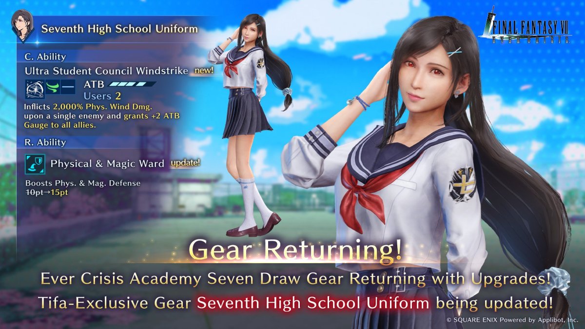 The Final Fantasy VII Ever Crisis high school AU returns for April Fools' and updates the Aerith and Tifa FFVII Academy school uniforms. 