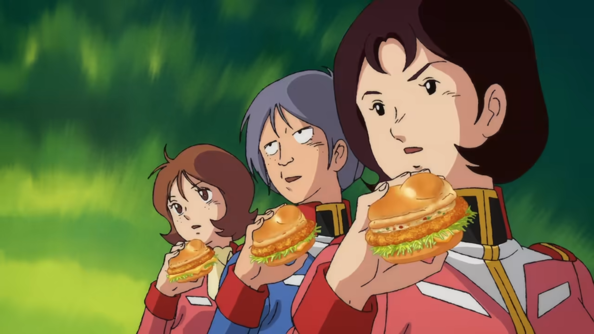 McDonald's Gundam crossover featuring White Base crew Frau Kai and Mirai with Chicken Tatsuta burger