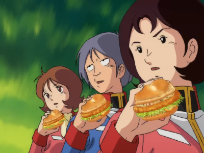 McDonald's Gundam crossover featuring White Base crew Frau Kai and Mirai with Chicken Tatsuta burger