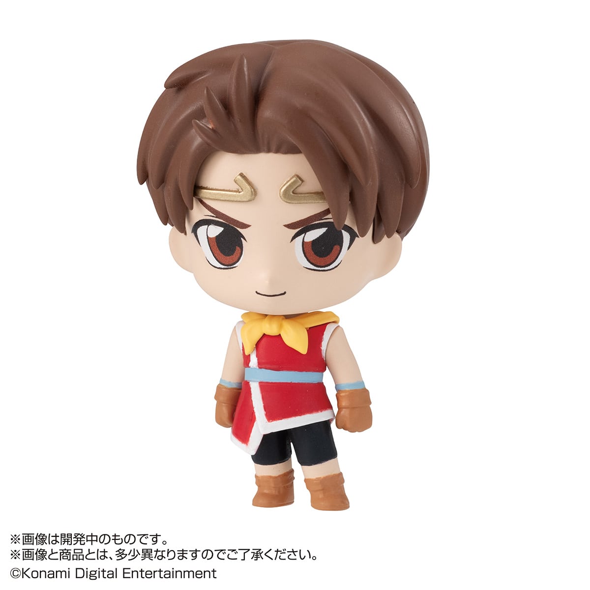 A new line of Suikoden II gachapon merchandise involves figures of the three main characters and acrylic stands of other folks. 