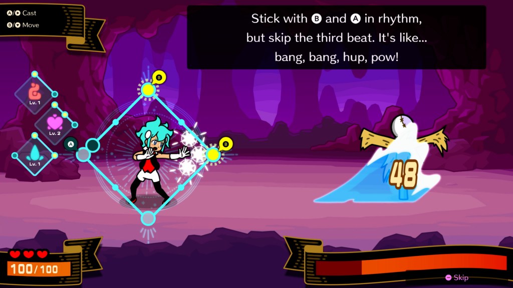 A screenshot from the early elements of the Beatspell minigame.