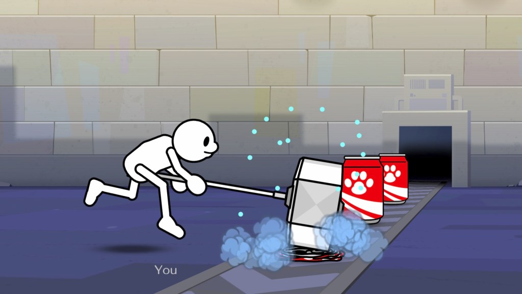 rhythm heaven groove screenshot nintendo  A white stick figure swinging a hammer to crush dog food cans.