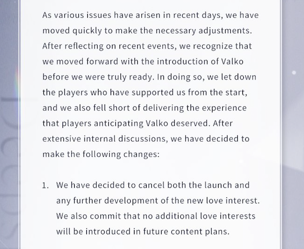 The sixth Love and Deepspace love interest Valko is completely canceled following complaints and outcry from some players. 