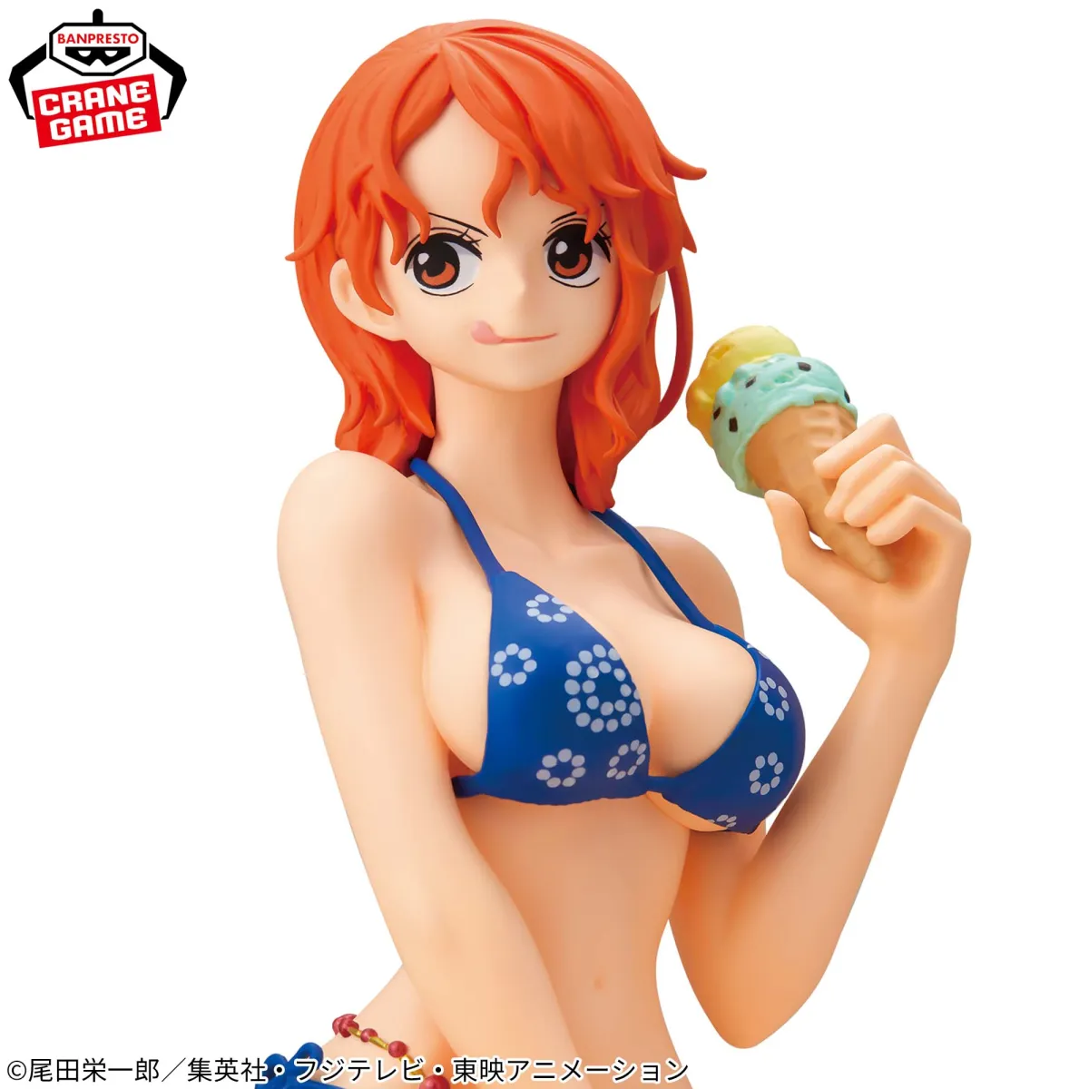 The next two One Piece Glitters & Glamours figures involve Summer Style Nami and Nico Robin in swimsuits eating ice cream.