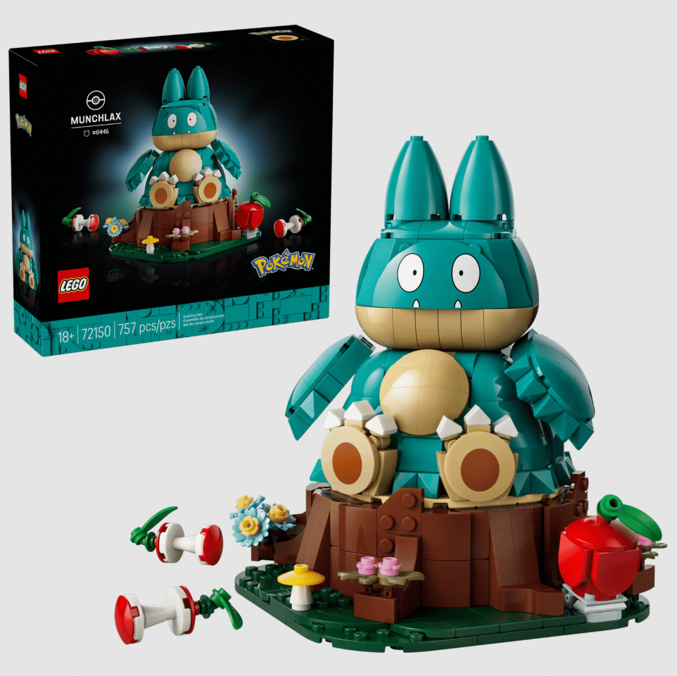 The new Lego Pokemon sets involve Arcanine, Munchlax, Rayquaza, Red, and an Iconic Trainer Moments Poke Ball with Oak's Lab inside.