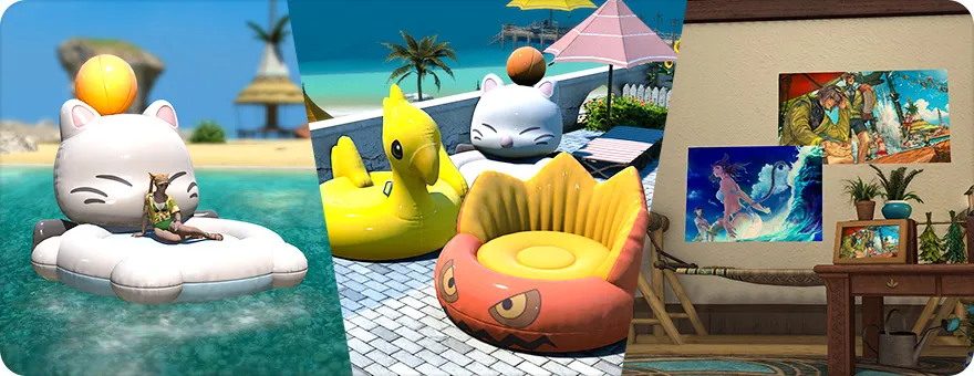 The FFXIV Moonfire Faire 2026 event involves an Inflatable Mograft mount and similar pool float furnishings decorations.