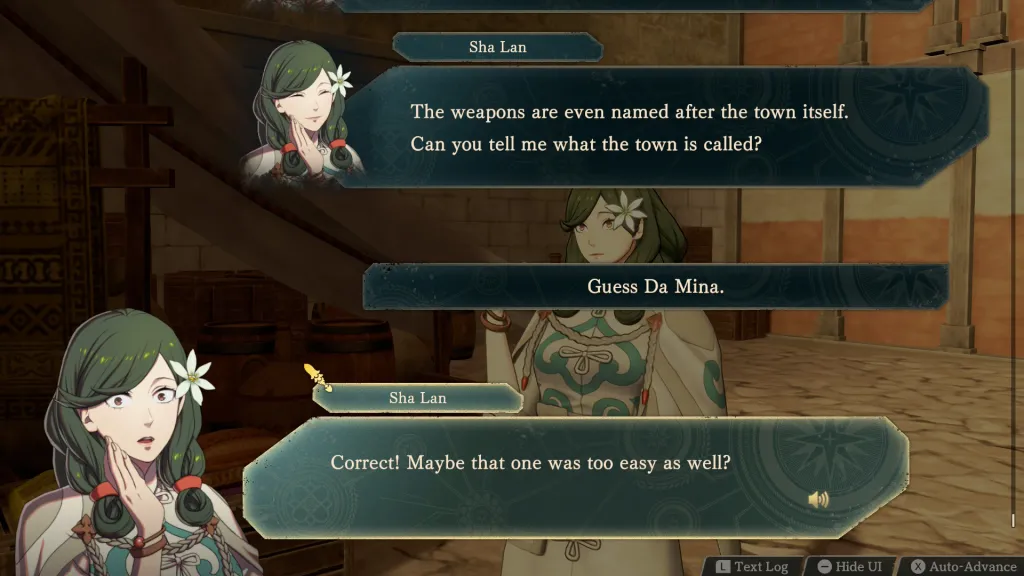 Sha Lan will require you to ace a quiz to recruit her in Fire Emblem: Fortune's Weave and here are the right answers.