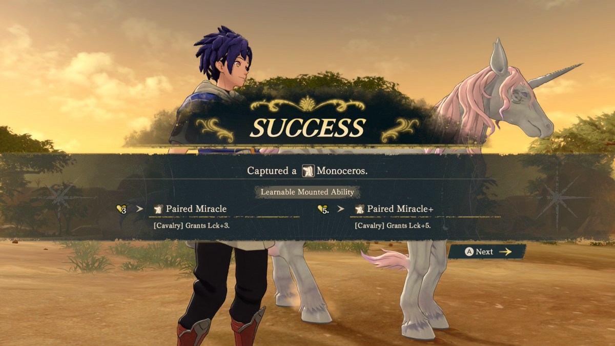 The Monoceros is basically the Fire Emblem: Fortune's Weave equivalent of a unicorn and you can catch one with Cai.