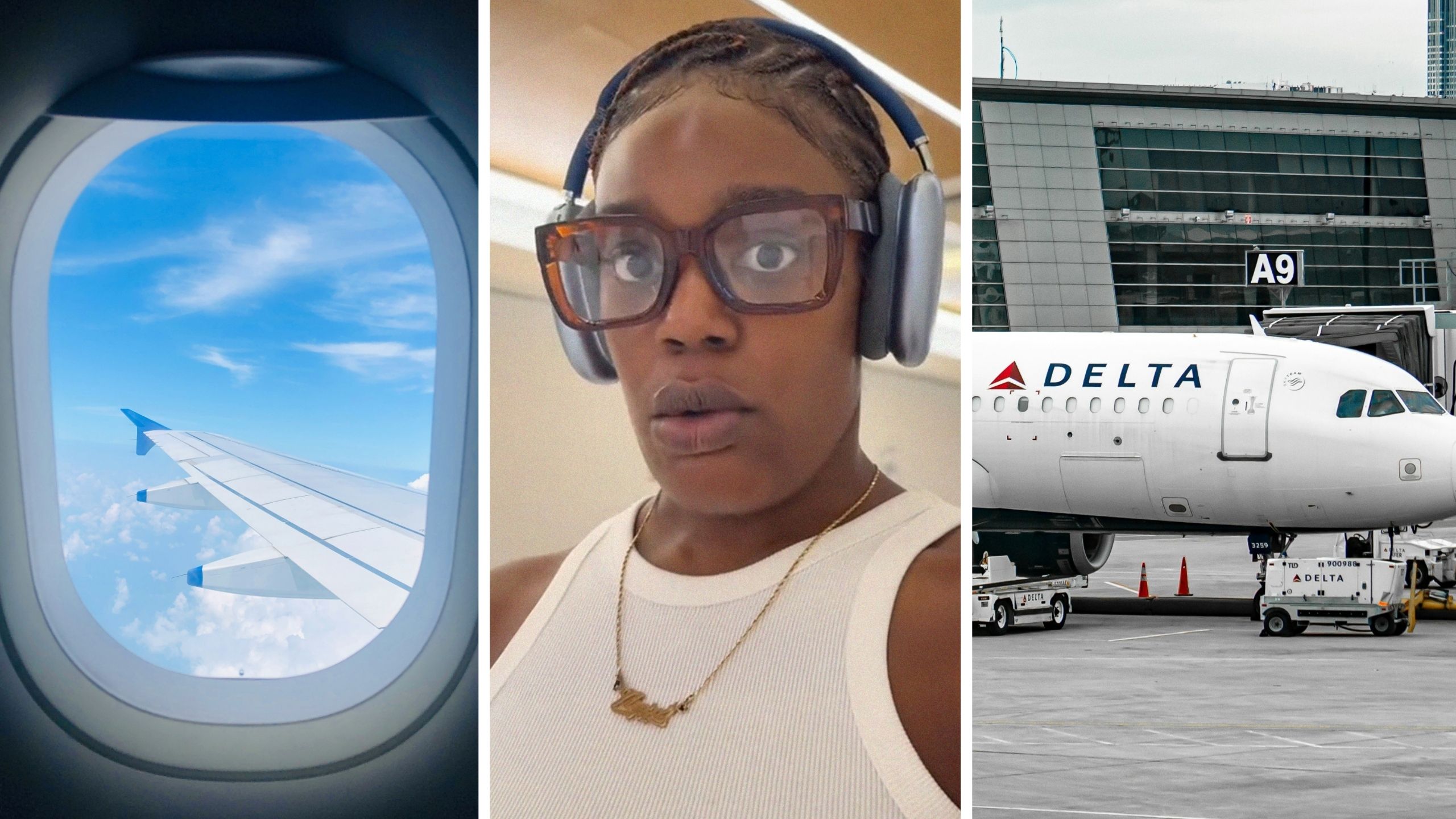 window seat (l) woman shares traveling issue (c) Delta airlines (r)
