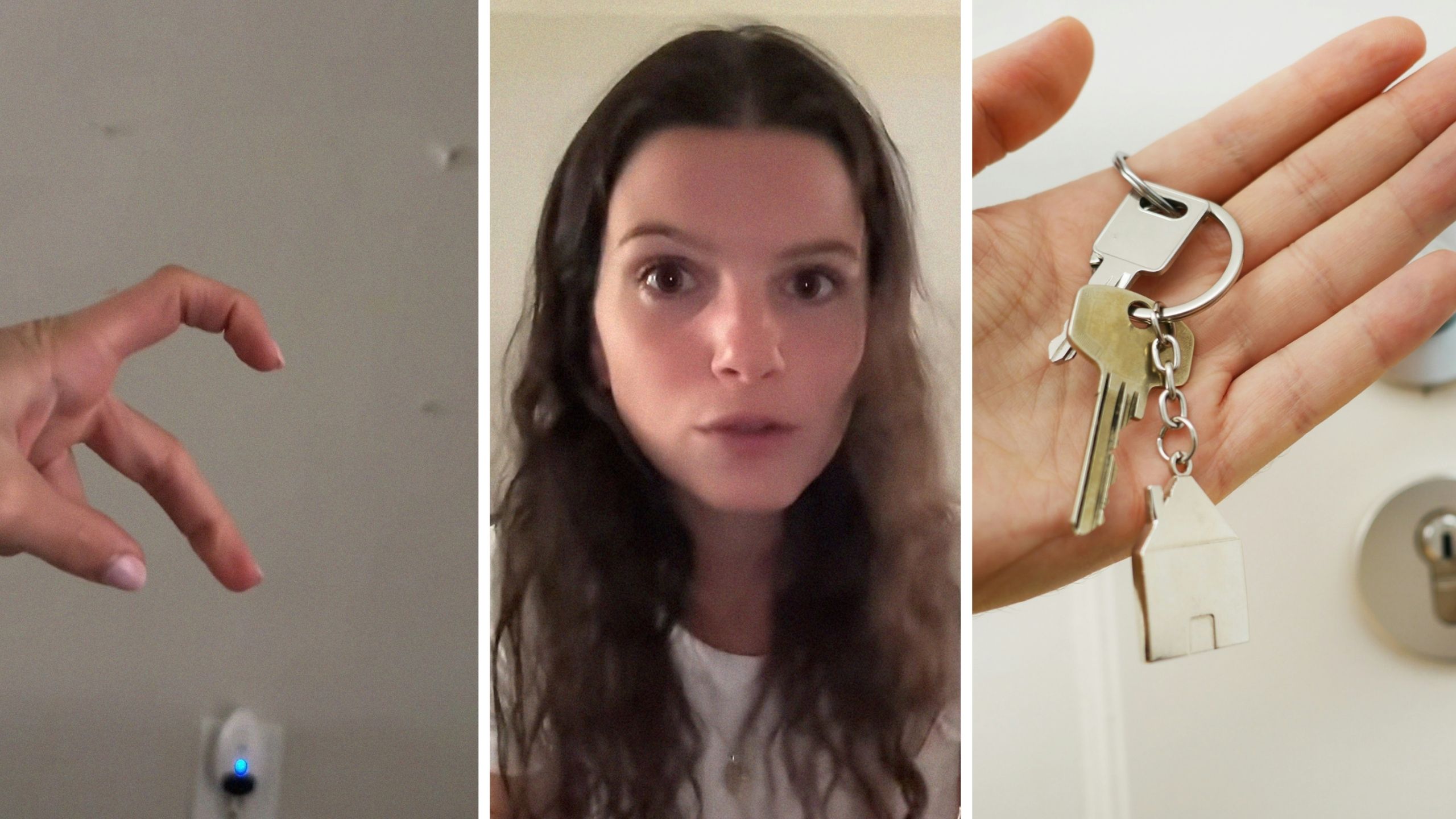woman shows new apartment wall (l) woman shares new apartment concern (c) keys to new place (r)