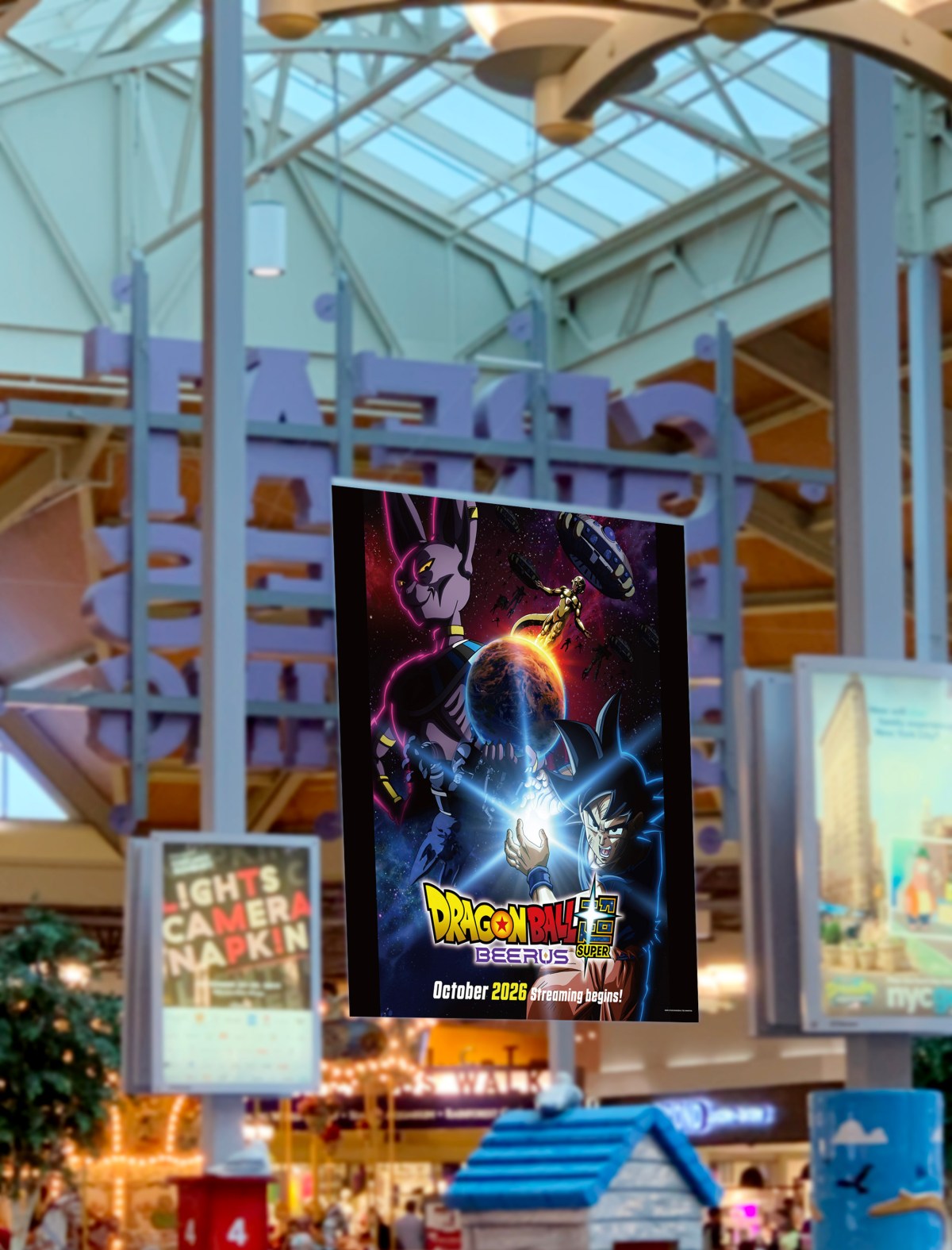 The release date of Dragon Ball Super: Beerus is set for next week and ads will show up on buses and at malls in the US.