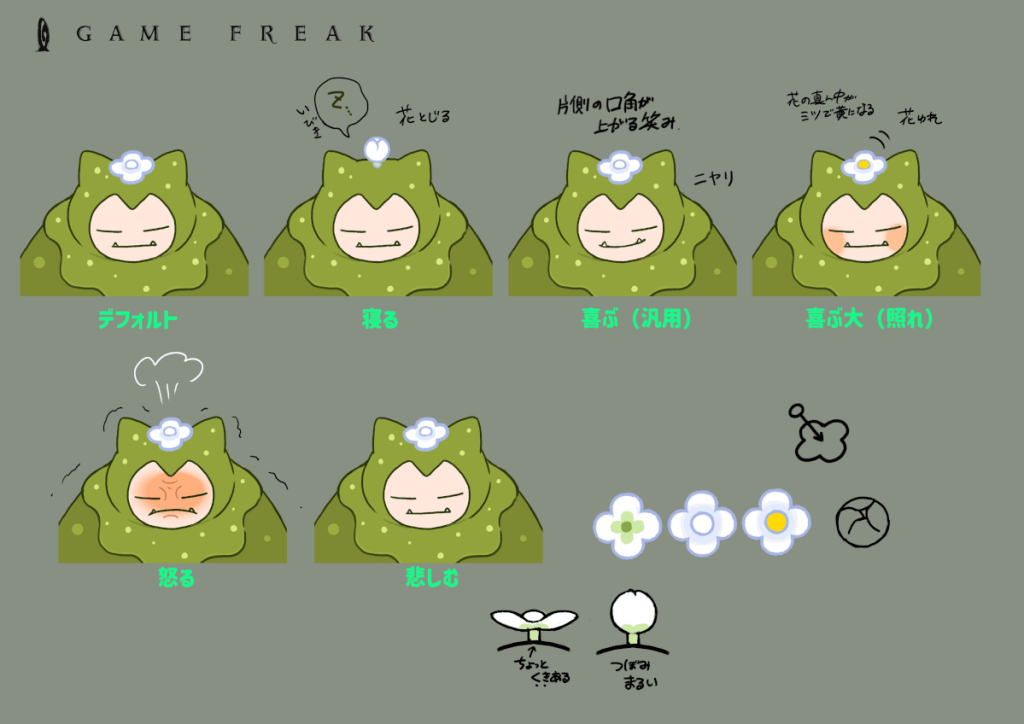 Pokemon Pokopia Mosslax concept art - facial expressions