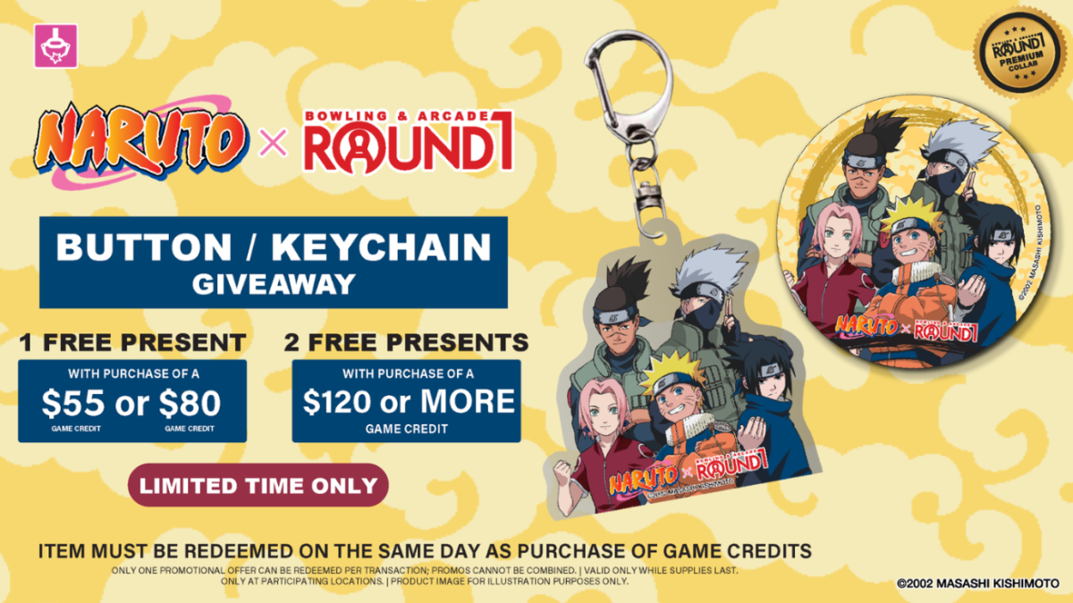 A Naruto Round1 Arcade crossover event with special merchandise tied to purchases starts in November 2026.