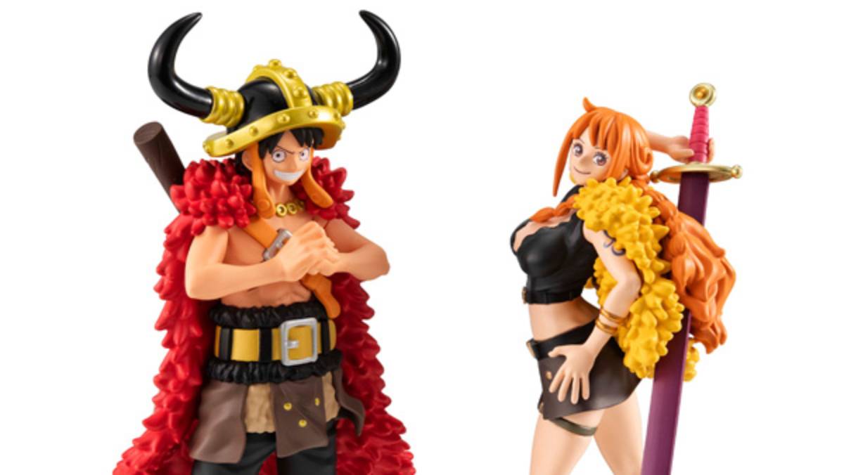 A new pair of One Piece figures in the MegaHouse Wallstar line puts Monkey D Luffy and Nami in their Elbaph costumes.